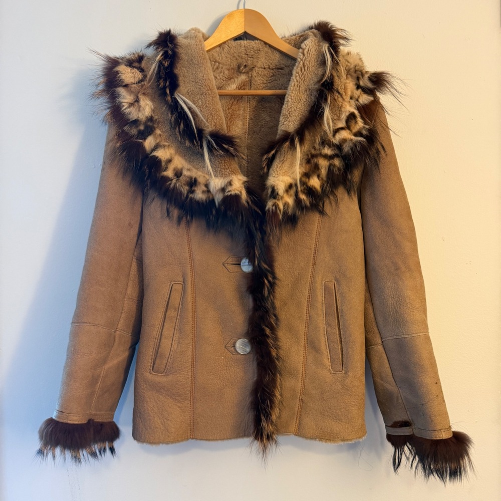 Kor&Stan Womens Shearling Leather Jacket Tan Animal Fur Trim Size M Italy